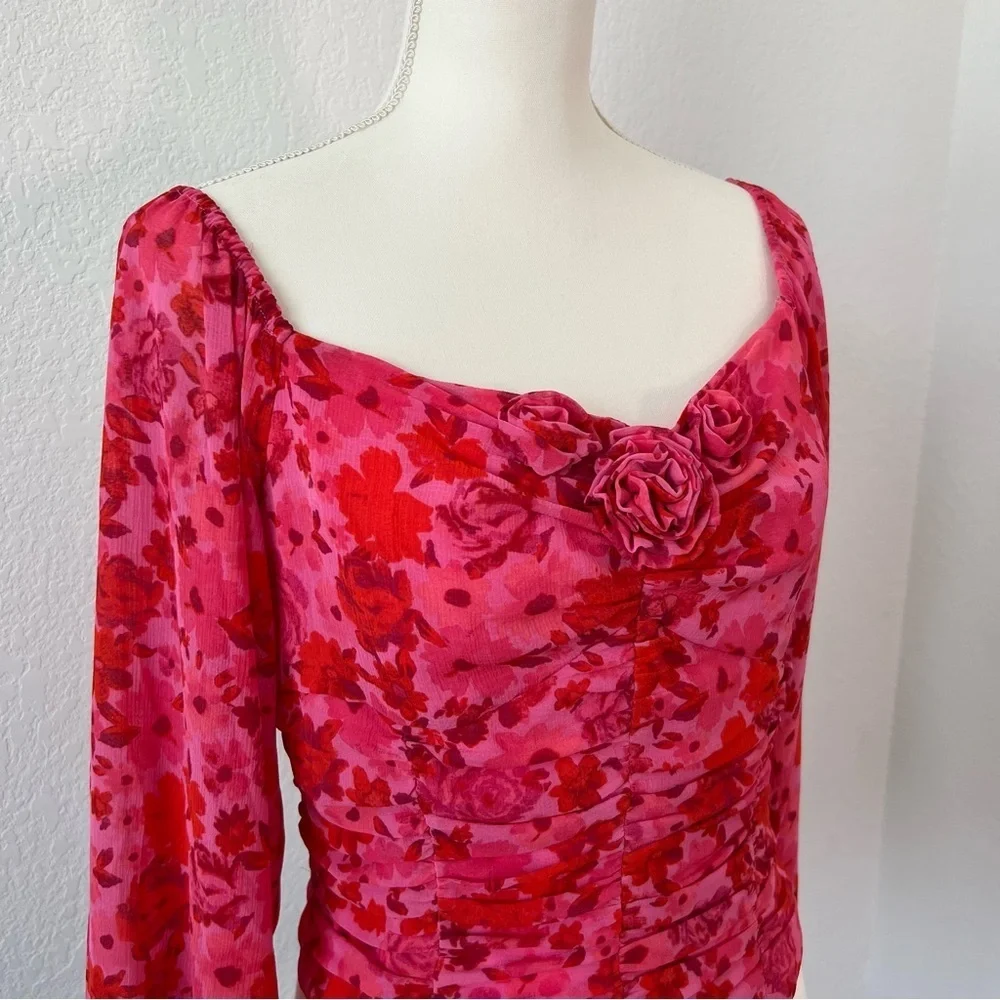 Free People Oh‎ Lala Red Pink Floral Top Size Large